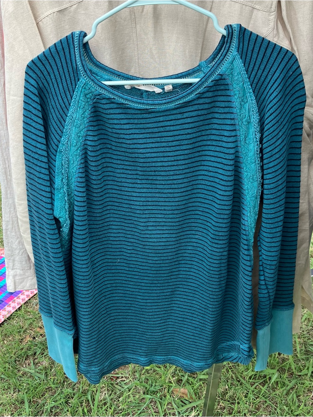Soft Surroundings Made in India Medium Teal and Black Striped Scoop Neck Sweater